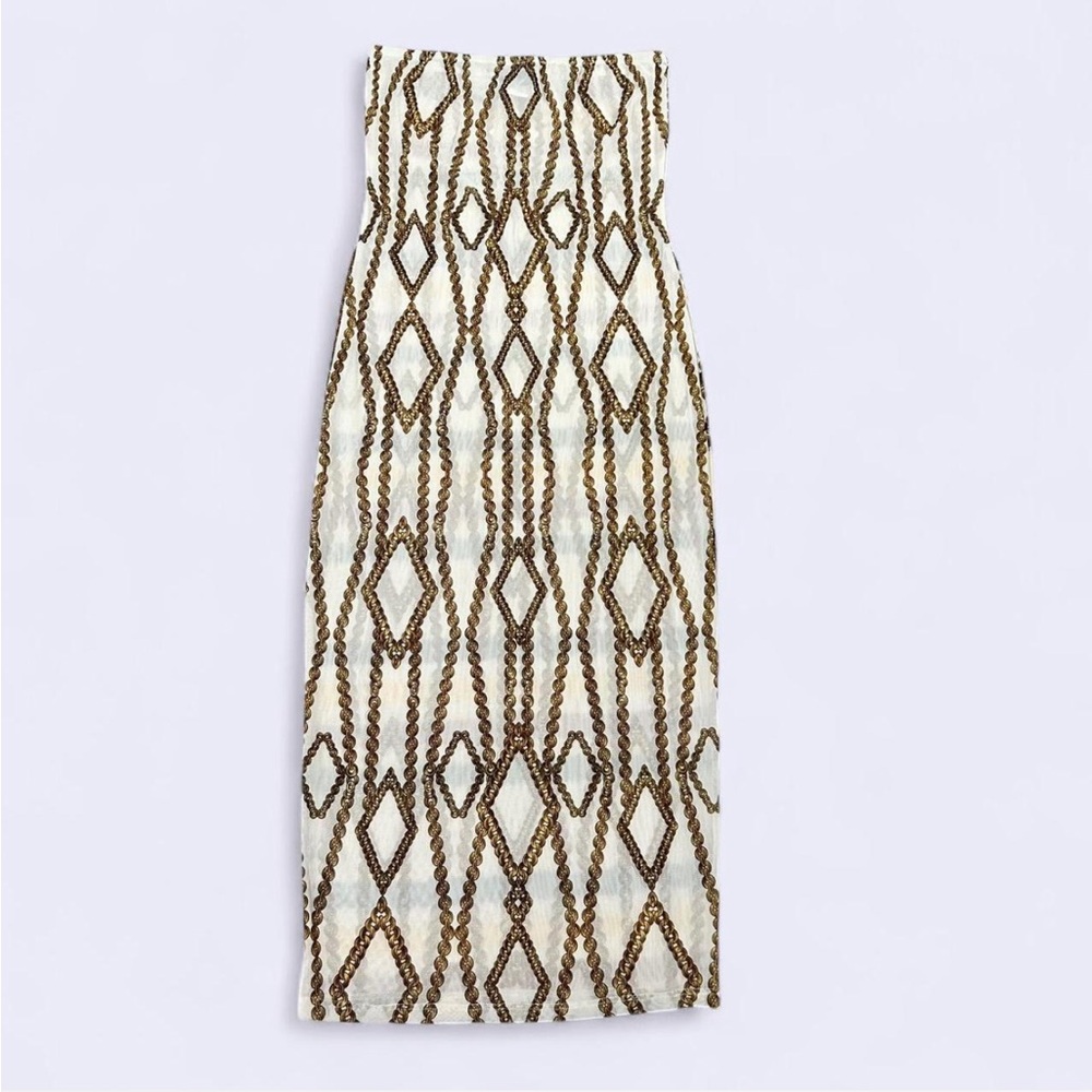 Vintage Y2K mesh strapless maxi dress with cream background gold chain pattern
